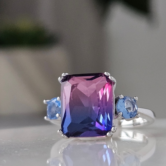 Pink & Purple Emerald Cut Gemstone Ring, 925 Sterling Silver Charmed Aroma - Picture 3 of 7